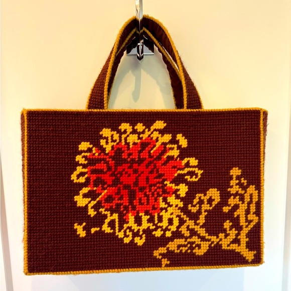 Vintage Floral Brown and Yellow Handcrafted Tote Bag Needlepoint Grandmacore - Picture 1 of 10